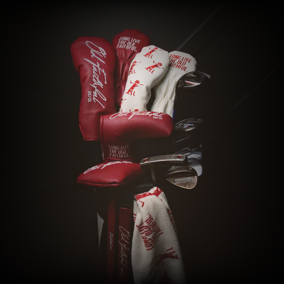 Golf headcovers & putter grips made for YOUR 'old faithful'. Synthetic leather headcovers, puff embroidery, burgundy & white leather 